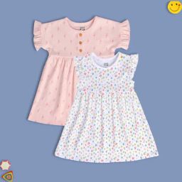 MINIKLUB Pink & White New Born And Baby Girls Cap Sleeve Dress-image-77