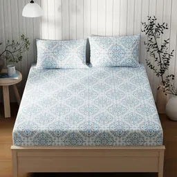 KOPA Off White & Blue Floral Printed 120 TC Cotton Queen Bedsheet Set 2.24 m x 2.44 m-picture-17