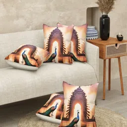 BED-SHEET.COM Orange & Blue Peacock Digital Printed Jute Cotton Square Cushion Cover-image-91
