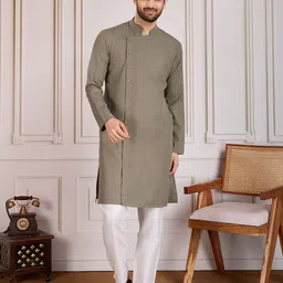House of Pataudi Ethnic Woven Design Button Detail Kurta-image-35
