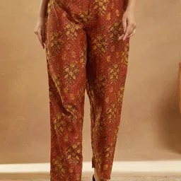 Fabindia Women Floral Printed Mid-Rise Flat-Front Regular Trousers-picture-3