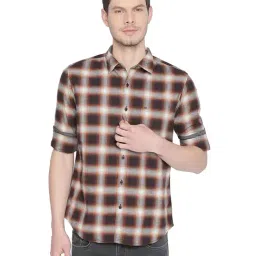 Basics Brown & Grey Slim Fit Checks Shirt-image-36