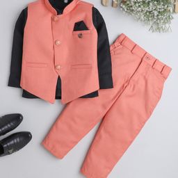 Fourfolds Full Sleeves Solid Shirt With Waistcoat & Coordinating Pant - Pink-image-8