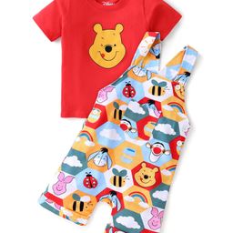 Babyhug Disney Cotton Knit Single Jersey Dungaree & Half Sleeve T-Shirt with Winnie the Pooh Print - Red-image-57