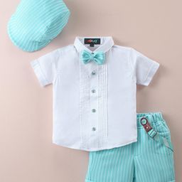 Robo Fry Cotton Woven Half Sleeves Solid Shirt & Striped Shorts Set With Cap Bow & Suspender - White & Blue-image-78
