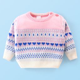 Babyhug Knit Full Sleeves Pullover with Heart Design - Pink-image-16