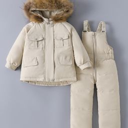 Kookie Kids Full Sleeves Hooded Winter Wear Suit With Padded Jumper Pants - Beige-image-54