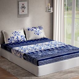 DDecor Blue White Ethnic Motifs Cotton 144 TC Queen Bedsheet With 2 Pillow Covers-28