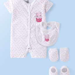 Doodle Poodle Cotton Interlock Half Sleeves Hearts & Teddy Printed Romper With Bib Mittens & Booties - White-image-93