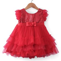 Babyhug Woven Frill Sleeves Fit & Flared Layered Mesh Party Frock with Sequined Yoke Detailing & Bow Applique - Red-image-15