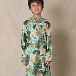 Anthrilo Pure Cotton Full Sleeves Peacock Printed Kurta - Green-picture-5