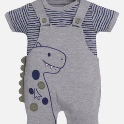 BABY GO Playful Dinosaur Printed Dungaree With Half Sleeves Striped Tee - Beige-picture-48