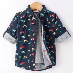 Rikidoos Full Sleeves Vehicles Printed Shirt With Attached Tee - Bottle Green & Milanch Grey-image-16