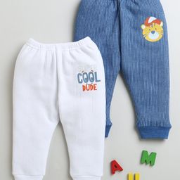 BUMZEE Pack Of 2 Cool Dude Text & Tiger Printed & Striped Pleated Thermal Joggers - White & Indigo Blue-image-10
