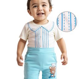 Babyoye100% Cotton Knit Eco Jiva Finish Half Sleeves Romper with Bear Print - White & Light Blue-image-73