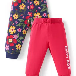 Babyhug Single Jersey Knit Full Length Lounge Pants with Floral & Text Print Pack of 2 - Navy Blue & Red-picture-40