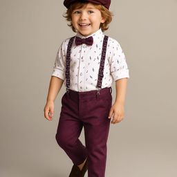 Babyhug Knit Full Sleeves Musical Printed Shirt & Trouser with Suspender Hat & Bow - Wine-image-98