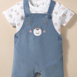ToffyHouse Cotton Knit Dungaree & Half Sleeves T-Shirt With Animal Embroidery & Print - Blue & White-picture-23