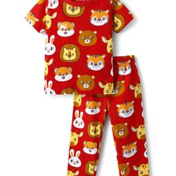 Babyhug Cotton Knit Half Sleeves Co- Ord Night Suit with Animal Print - Rust Orange-image-71