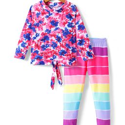 KIDLINGSS Full Sleeves Floral & Striped Printed Top & Leggings - Dark Pink-image-92