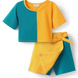 CrayonFlakes Cotton Woven Half Sleeves Cut & Sew Top & Coordinating Skort Set - Yellow & Blue-picture-48