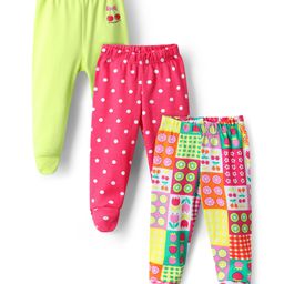 Babyhug Cotton Knit Full Length Bootie Leggings With Polka Dot & Tropical Theme Print Pack Of 3 - Pink & Light Green-image-28