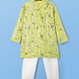 Pine Kids Woven Full Sleeves Kurta Pajama Set With Floral Embroidery & Sequin Detailing - Yellow & White-image-82