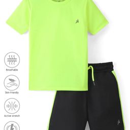 Pine Active Knit Half Sleeves Solid T-Shirt & Shorts Set - Neon Green & Black-image-28