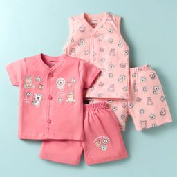 CUCUMBER Sinker Knit Half Sleeves Co-Ord Shorts Night Suit With Animal Print Pack of 2 - Pink & Peach-image-71