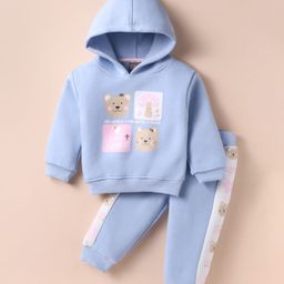 Little Kangaroos Fleece Knit Full Sleeves Winter Wear Hooded Sweatshirt & Lounge Pant Set With Animal Print - Light Blue-image-24