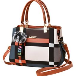 SYGA Women Colorblock Handbag with Dual Handles & Sling Strap Featuring LOVE Keychain & Faux Fur Charm(Khaki)-picture-16