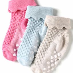 Cute Walk by Babyhug Knit Ankle Length Anti Skid Anti Bacterial Socks with Cable Knit Design Pack of 3 - Pink Light Blue & Grey-picture-34