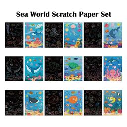 happy hues DIY Marine Animals Ocean Magic Scratch Art 9 Sheets Double Sided Paper Cards & Scratch Sticks Set - Multicolour image 2