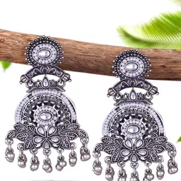 DIVASTRI Silver-Plated Pearls Beaded & Kundan Studded Contemporary Oxidised Drop Earrings-8