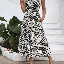 all about you Women Animal Print Smocked Tie-Up Neck A-Line Midi Dress-image-72