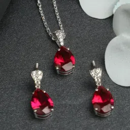 Clara 92.5 Sterling Silver Swiss Zirconia Blood Red Tear Drop Pendant Set-10