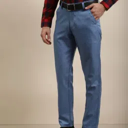 Sojanya Blue Cotton Regular Slim Fit Self Pattern Flat Front Trousers-image-16