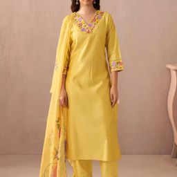Indo Era Yellow Liva Regular Fit Embroidered Kurta and Pant with Dupatta-image-19