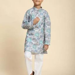Pro-Ethic Style Developer Boys Grey & Blue Cotton Printed Full Sleeves Kurta Sets-62