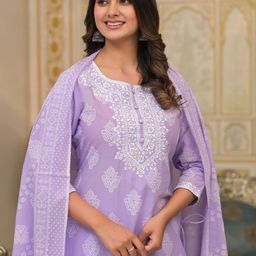 UNISETS Ethnic Motifs Printed Thread Work Regular Kurta with Trousers & Dupatta image 3