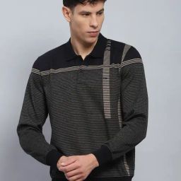 Monte Carlo Black Regular Fit Striped Polo T-Shirt-image-99