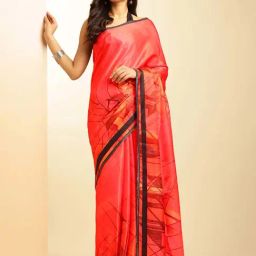 navyasa by liva Red Printed Saree With Unstitched Blouse-image-4