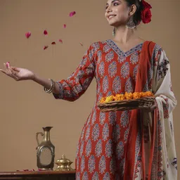 Indo Era Women Rust Ethnic Motifs Printed Regular Pure Cotton Kurta with Trousers & With Dupatta-image-44