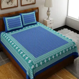 Myntra Elegant Homes Blue & Turquoise Blue Ethnic Motifs 120 TC Queen Bedsheet with 2 Pillow Covers-image-92