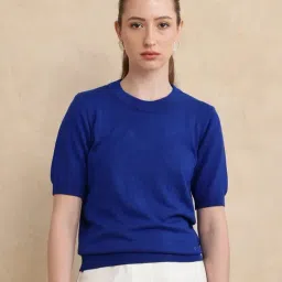 RAREISM Blue Cotton Blend Solid Short Sleeves Sweater-picture-25