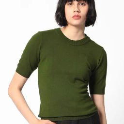 RAREISM Olive Viscose Solid Short Sleeves Sweater-image-54