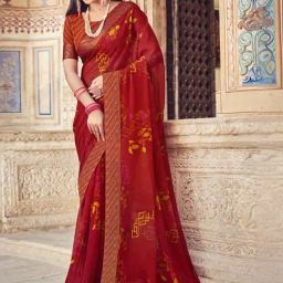 Satrani Red Printed Saree With Unstitched Blouse-image-69