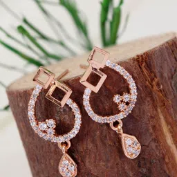 I Jewels Rose Gold-Plated American Diamond Studded & Pearls Beaded Diamond Drop Earrings-58