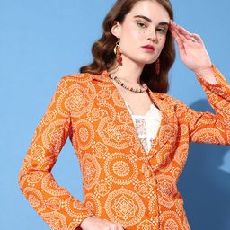 KASSUALLY Women Bright Orange Suit Up Ethnic Motifs Blazer-28