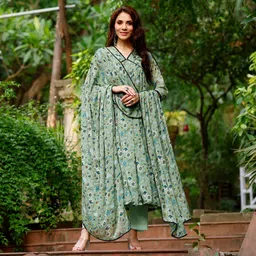 GEKHA Women Printed Regular Thread Work Pure Cotton Kurta with Trousers & With Dupatta-37